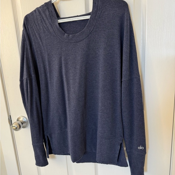 ALO Yoga Tops - Alo Yoga Fluid Hoodie Heathered Blue Scoop Neck Pullover Sweatshirt Women Active